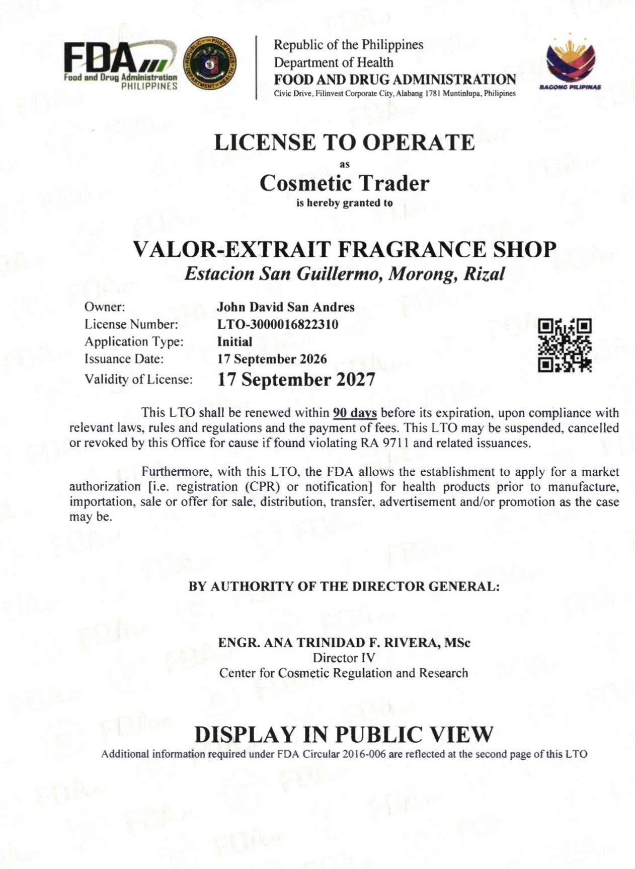 FDA License to Operate certificate